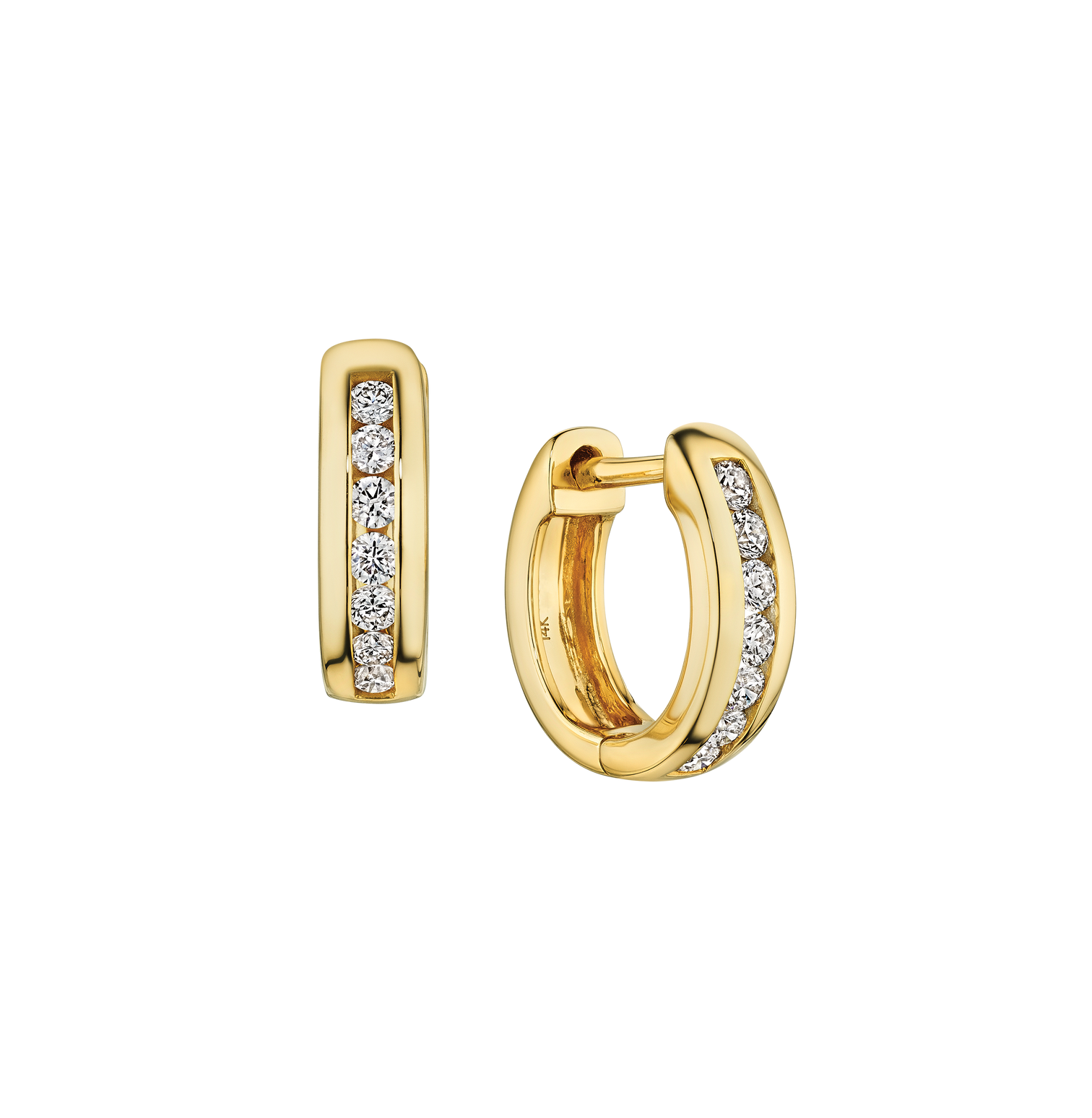 14K Yellow Gold Channel Set Diamond Huggie Hoop Earrings
